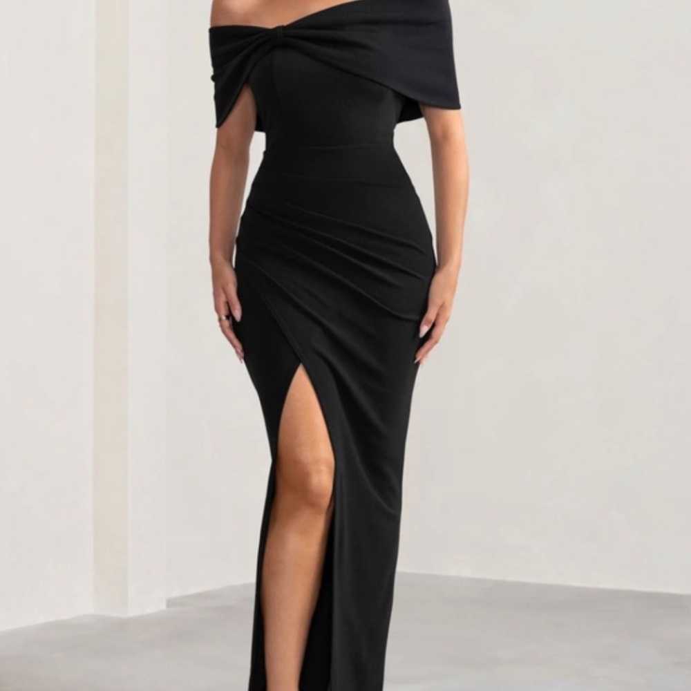 Club L London BLACK BARDOT BOW DETAIL MAXI DRESS WITH THIGH SPLIT